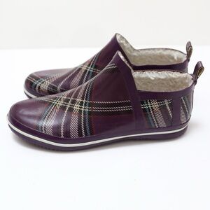 Purple Plaid Rain Boots Ladies Shiny Lined Cozy Rubber Size 10 Ankle
